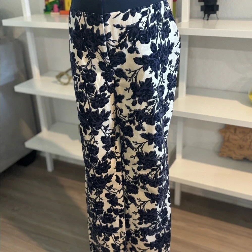 Tory Burch Floral Velvet Burnout Trousers Navy Cream Devore Slim Leg Pants